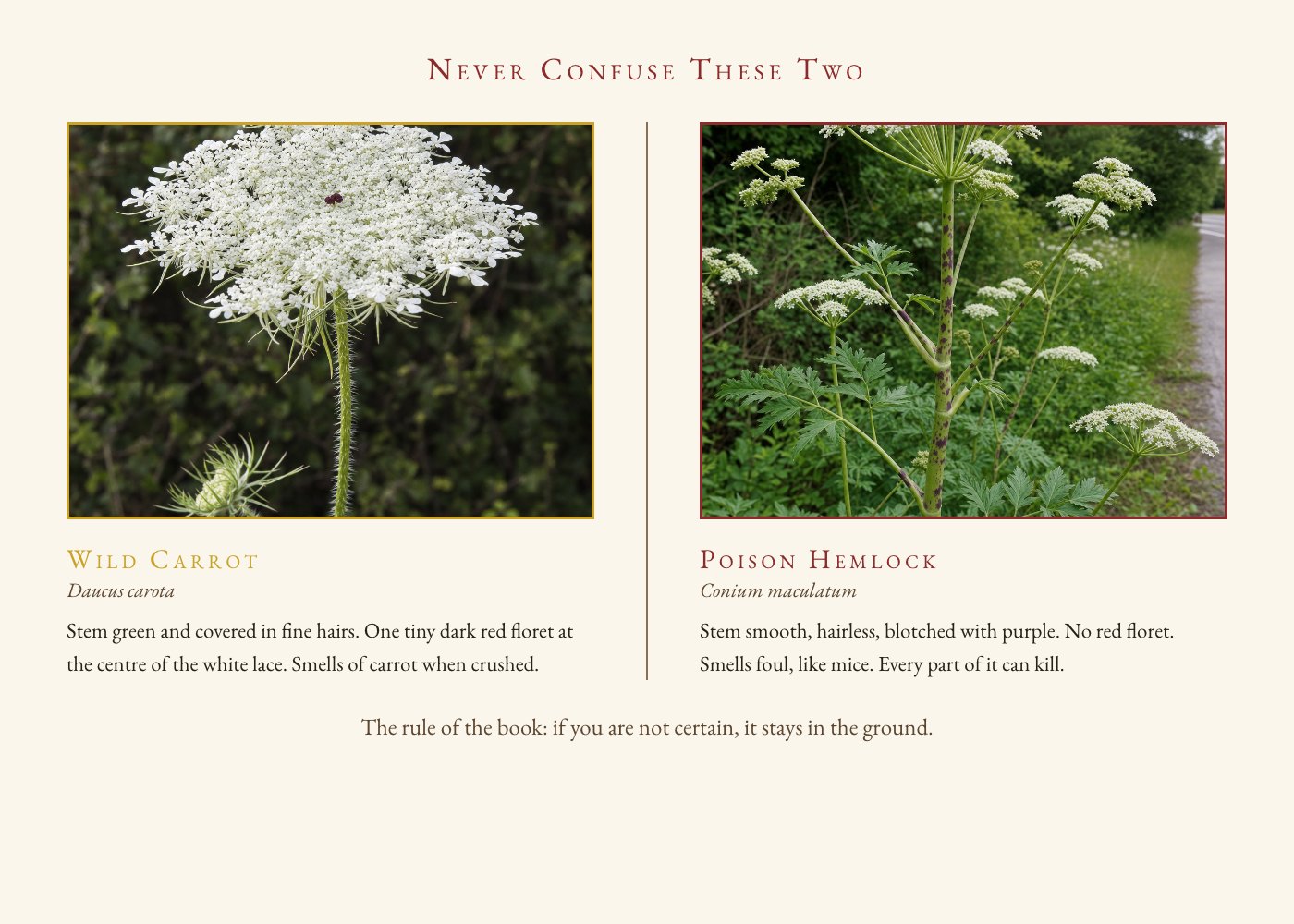 A lookalike panel: wild carrot beside poison hemlock